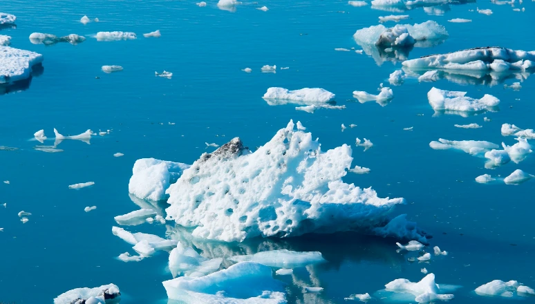 a large amount of ice floating on top of a body of water